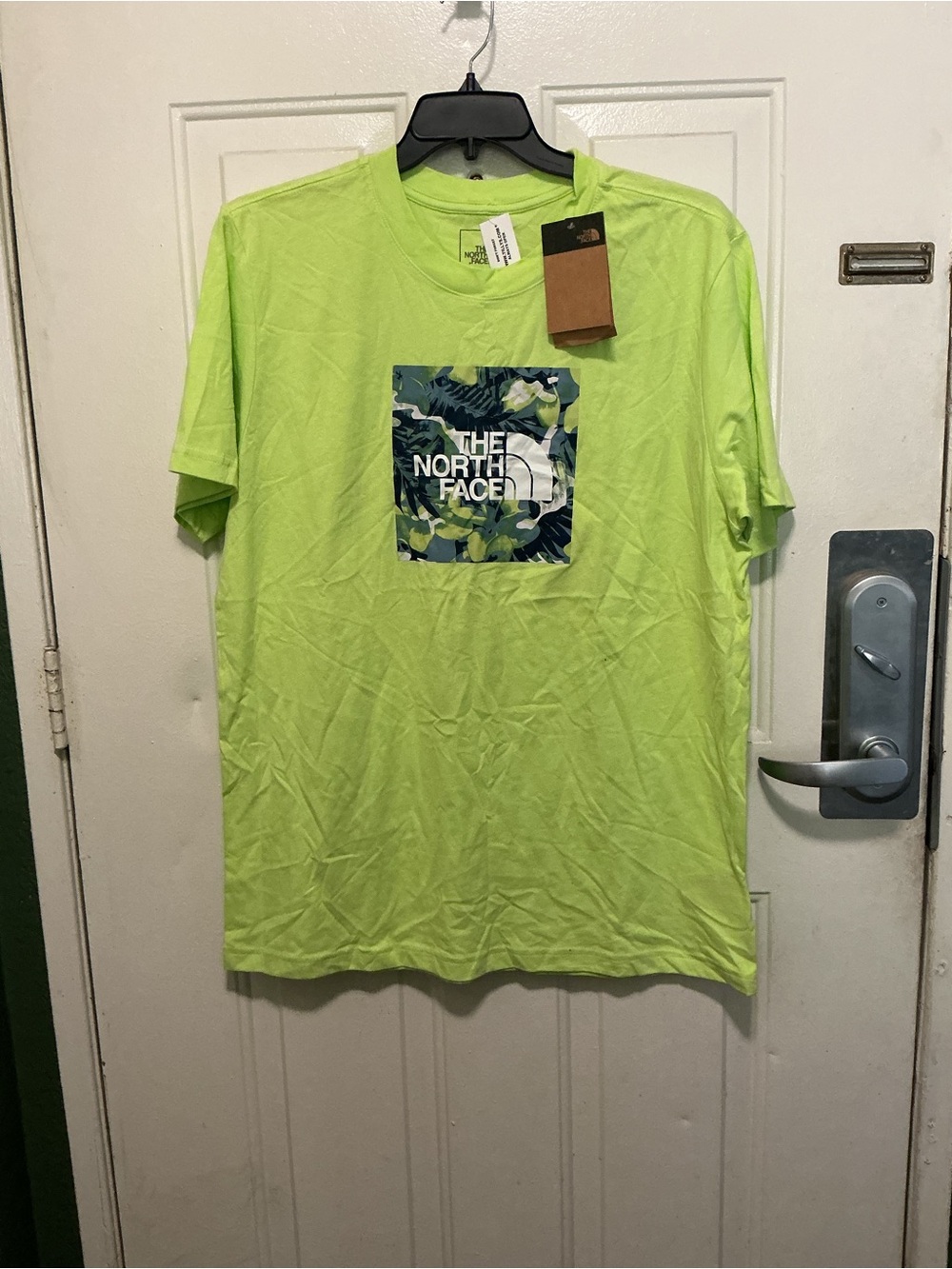 The North Face Menโs Neon Lime Logo Tee with Camo Square